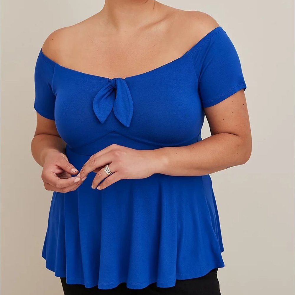 *SOLD• Torrid Blue Off-Shoulder Tie Front Super Soft Babydoll Top Plus Size 4X - Picture 1 of 6